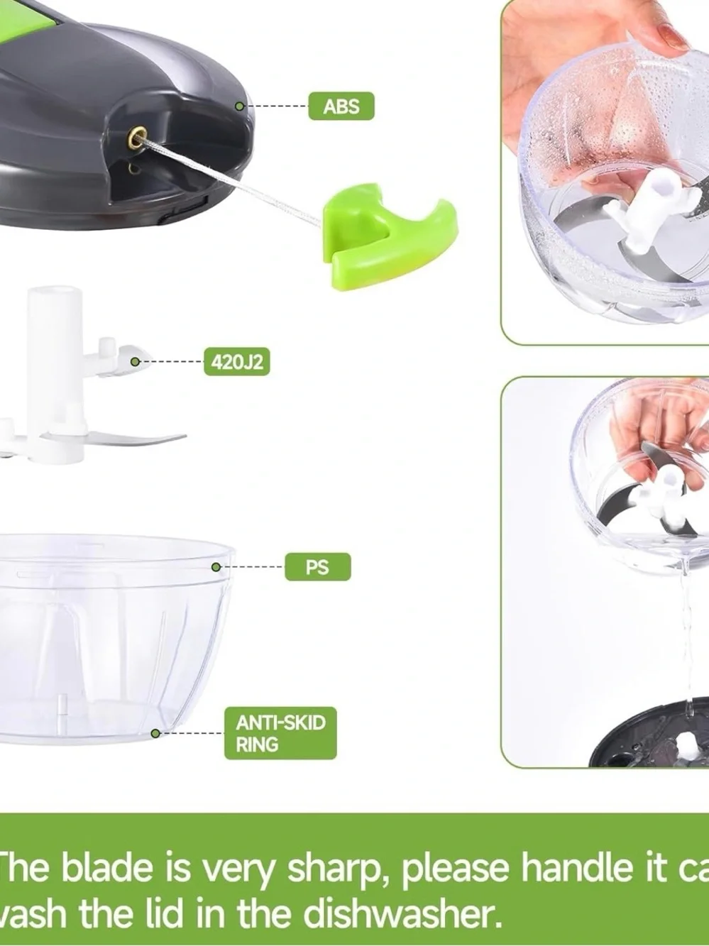 Manual Food Chopper with Green and Gray Lid - Compact Vegetable Cutter